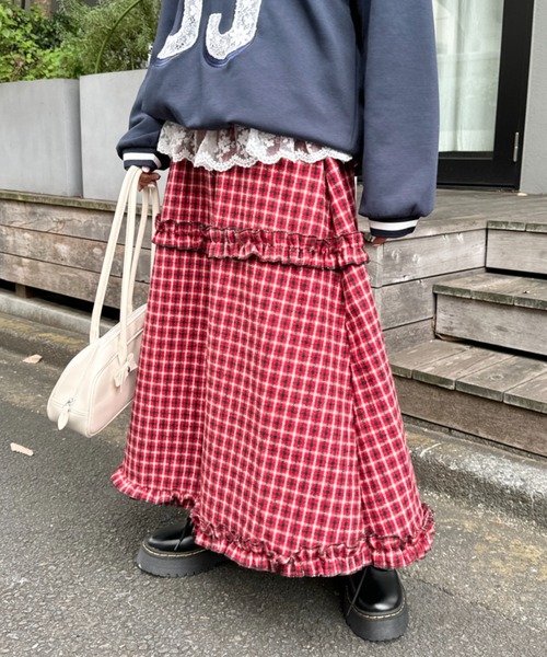 SOLLON.（ソルロン） スカート チェック柄フリルティアードロング