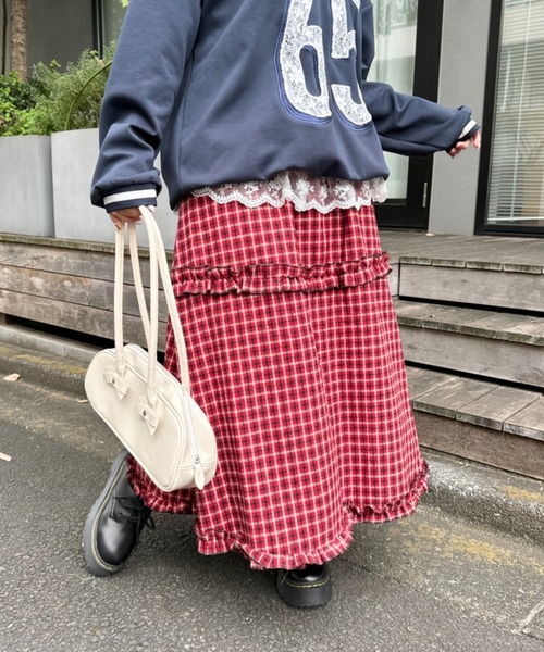 SOLLON.（ソルロン） スカート チェック柄フリルティアードロング