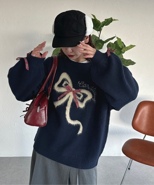 kutir（クティール） ニット セーター アソートロゴチェックリボン