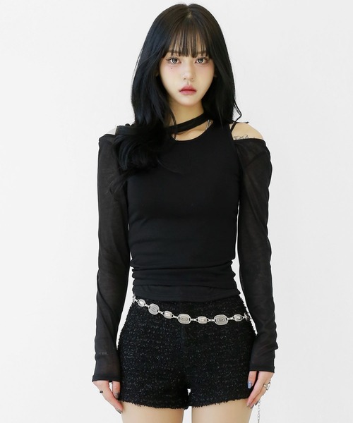 MANOF　シースルーレイヤードトップス　黒　マノフ　カットソー　Tシャツ MANOF｜マノフのカットソー・Tシャツ通販｜ELLE SHOP (エル