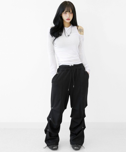 デザイントップス 長袖カットソー スリム アシンメトリー 黒 minsobi tシャツ 「2点セット」アシンメトリーカットソー +