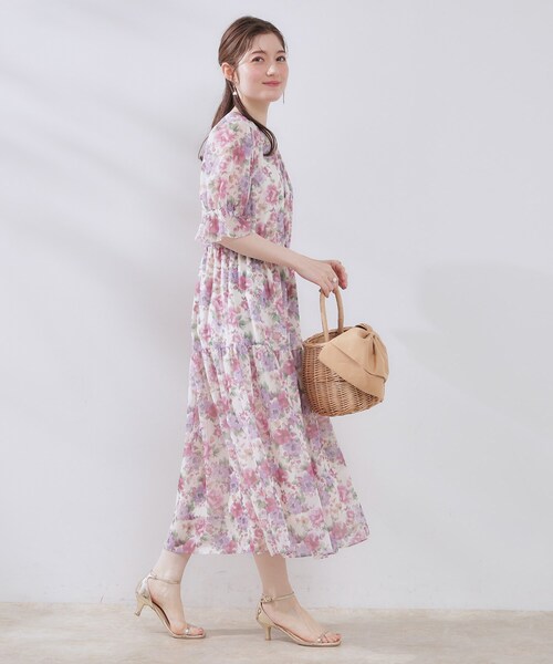 大人気，限定セール スーパービューティー 42 ワンピース 胸元フリル 花柄 半袖ワンピ 2516028 ブルー L 2025年春夏 オーラボー Super Beauty 大人かわいい服
