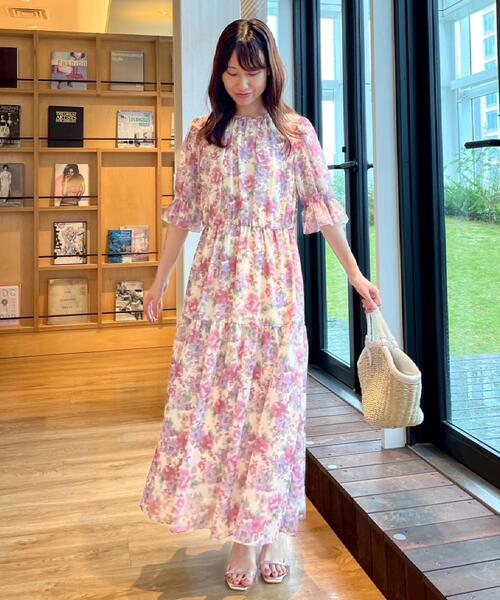 【完売サイズLL】クチュールブローチ　かすれプリント楊柳ワンピース　ピンク 一枚で着映える・大人可愛い】かすれプリント楊柳ワンピース
