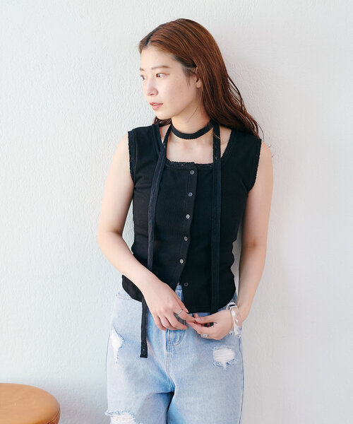 Kastane（カスタネ） タンクトップ ノースリーブ レースリブタンク