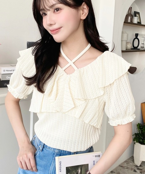 moment+ tシャツ ストライプレースクロスリボンフリルカラー半袖
