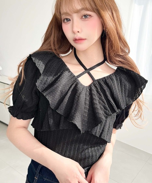 moment+ tシャツ クロスリボンフリルカラー半袖ストライプレース