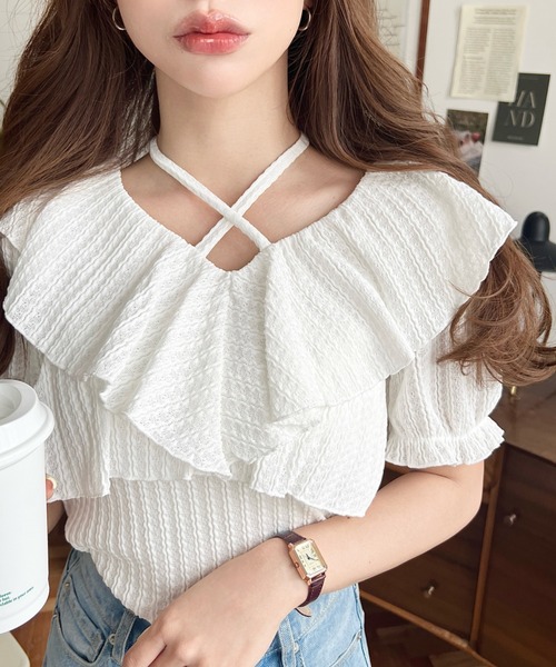 moment+ tシャツ クロスリボンフリルカラー半袖ストライプレース