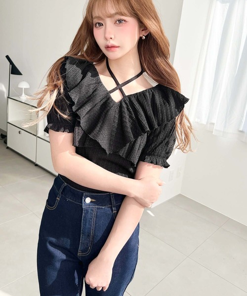 moment+ tシャツ クロスリボンフリルカラー半袖ストライプレース