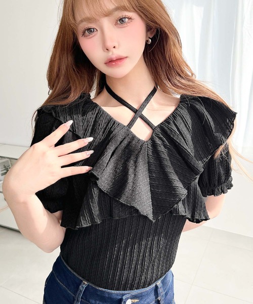 moment+ tシャツ クロスリボンフリルカラー半袖ストライプレース