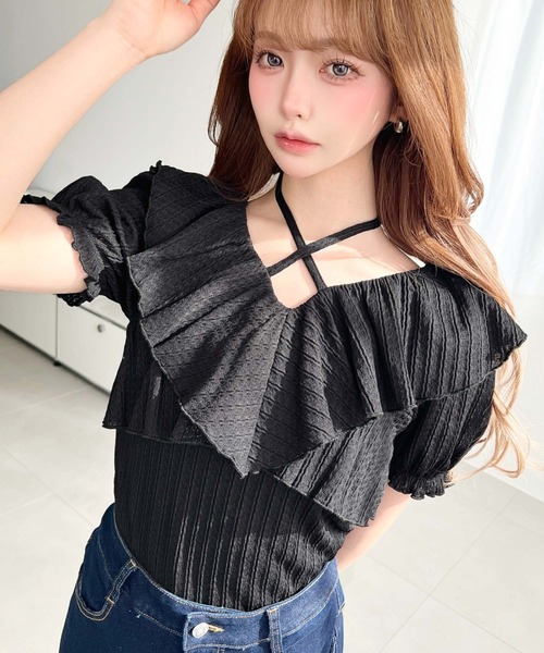 moment+ tシャツ クロスリボンフリルカラー半袖ストライプレース