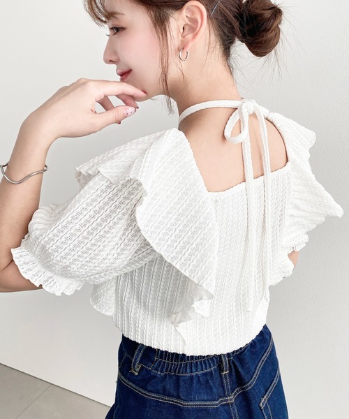 moment+ tシャツ クロスリボンフリルカラー半袖ストライプレース