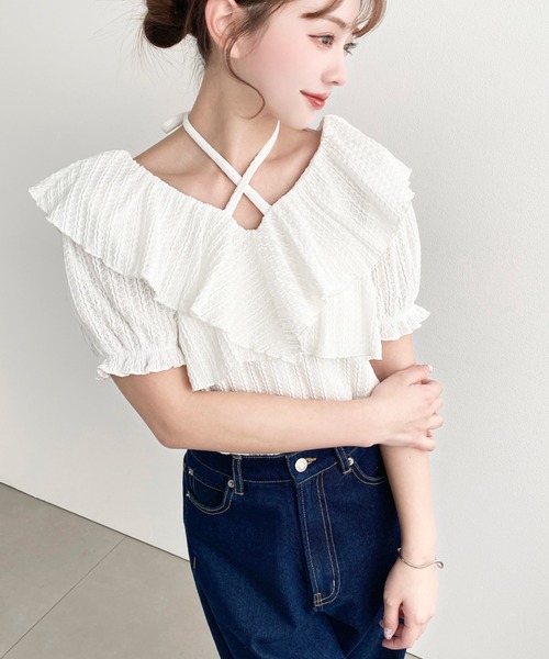【希少】ディオール ヴィンテージ 襟フリル カットソー 半袖 トップス 白 M moment+ tシャツ 半袖 クロスリボンフリルカラー半袖ストライプレース