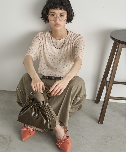 THE Yon tシャツ 小花柄シアーハーフスリーブプルオーバー レディース