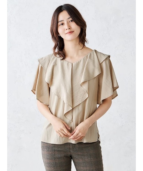 tシャツ Vネック　ラッフルブラウス　オフホワイト/グレー/ベージュ レディース