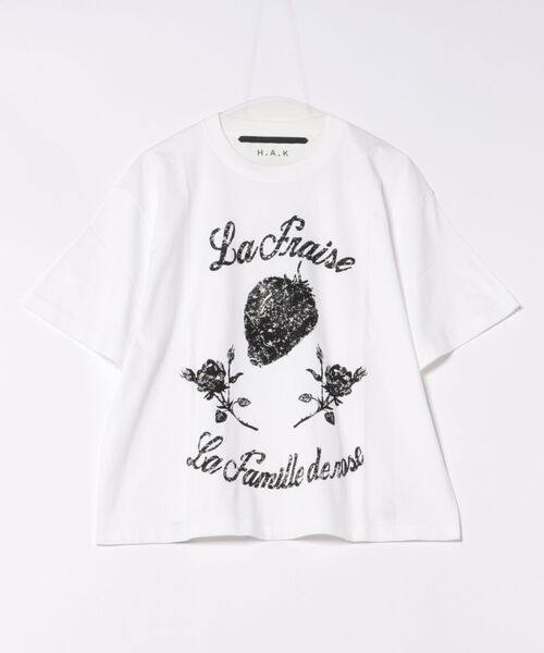 tシャツ 5．6オンスコットン天竺　いちご＆バラモチーフプリントTシャツ レディース