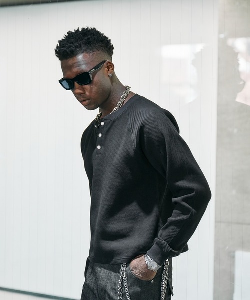 Henry Metal HUNK／メタルヘンリーネックサーマル　ブラックL 【新品完売品】ANDER neck /メタルヘンリーネックサーマルニット Knit Thermal トップス