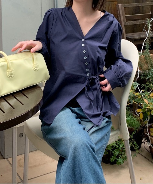 美品✨慈雨　コットン　変形　アシンメトリー　シャツ　ネイビー Maison Calme ブラウス シャツ 「26年春夏新作」アシンメトリー