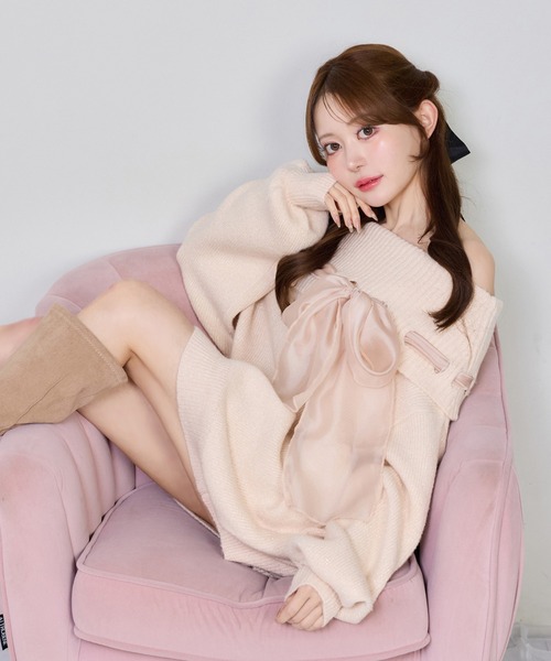 one after another NICE CLAUP ワンピース リボン付きオフショルニット