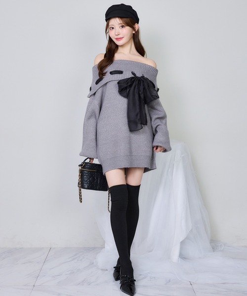 リボン付きオフショルニットワンピ one after another NICE CLAUP ワンピース リボン付きオフショルニット
