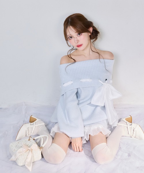 one after another NICE CLAUP ワンピース リボン付きオフショルニット