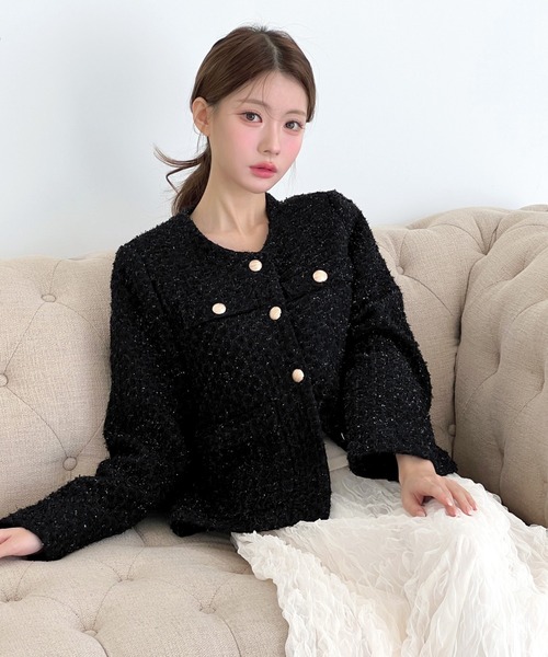 M premier BLACK ノーカラーツイードジャケット by muni:r ジャケット ノーカラージャケット 「着用動画あり・3色展開