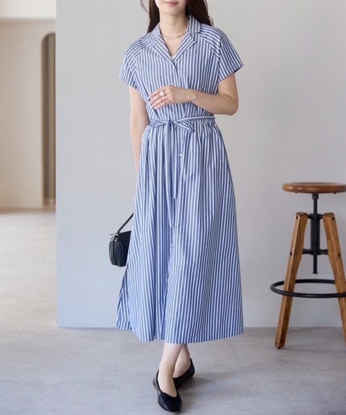 美品 レリアン フリル コットン シャツワンピース ブルーストライプ ゆったりめ PREFERIR（プレフェリール） シャツワンピース 細見えストライプシャツ