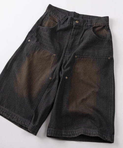 BELVET デニム ハーフパンツ ブラック チェック柄 ワイドパンツ ハーフパンツ ジーンズ 短パン 「88」ヴィンテージライク