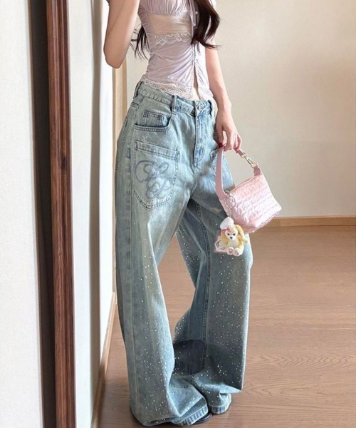 【値下げ‼️】ラインストーンデニム Y2K gossip!ロサンゼルス ジーンズ デニム デニムパンツ Y2Kラインストーン