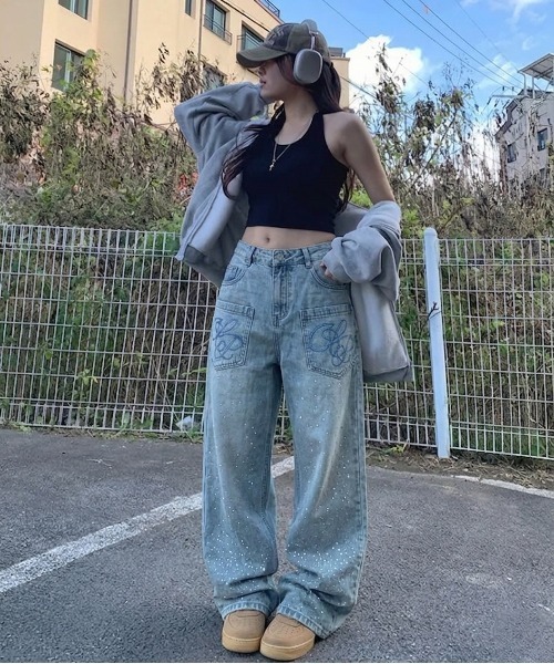 gossip!ロサンゼルス ジーンズ デニム デニムパンツ Y2Kラインストーン