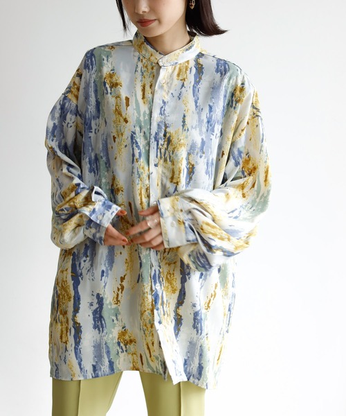 シルク シフォン ペイント柄 ロングシャツ ファッション