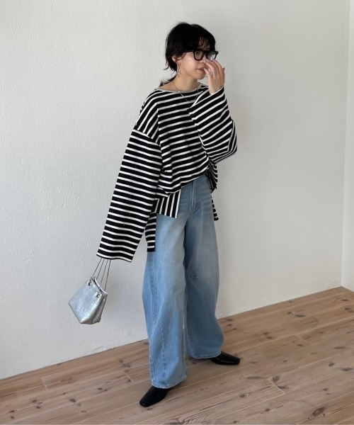 tシャツ border loose tee レディース wee9s tシャツ wide sleeve over size border tee / ワイド