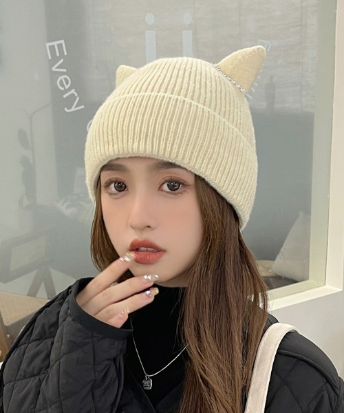 LACーVERT ニット帽 ニットキャップ パール猫耳ビーニー レディース