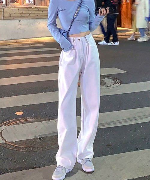 デニム ハイウエスト ワイドレッグパンツ ジーンズ ウォッシュ 4 ロワ LOWO 綿混クラッシュ加工ハイウエストワイドデニムパンツ