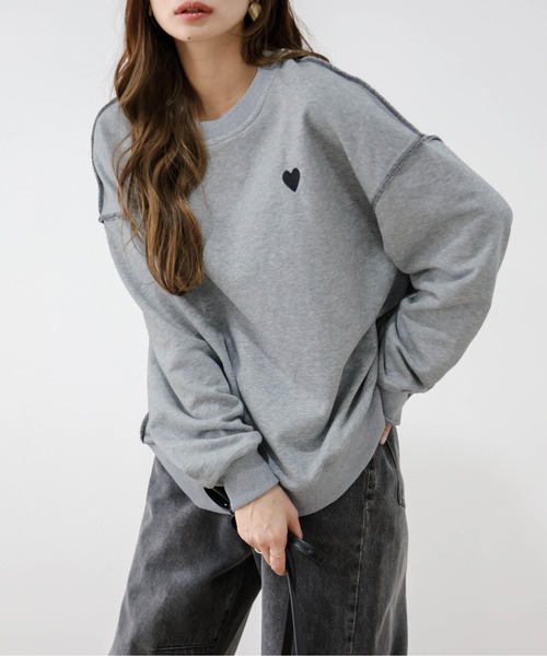 レディース 日本製 ハートロゴ 刺繍 スウエット 全4色 2サイズ展開 AW Lajour トレーナー スウェット 「日本製」ハート刺繍配色