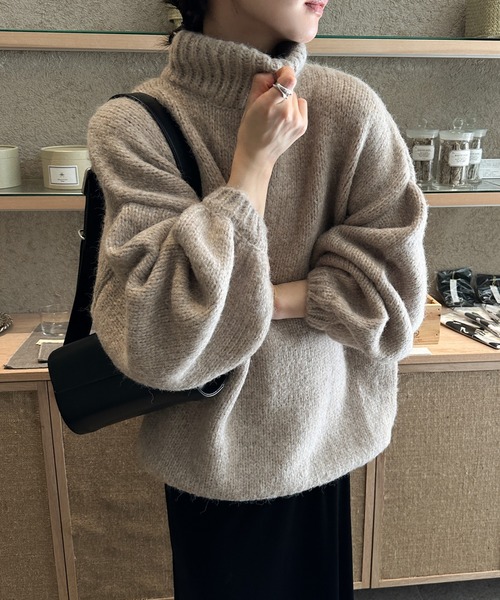 ニット セーター ローゲージハイネックオーバーボリュームスリーブ