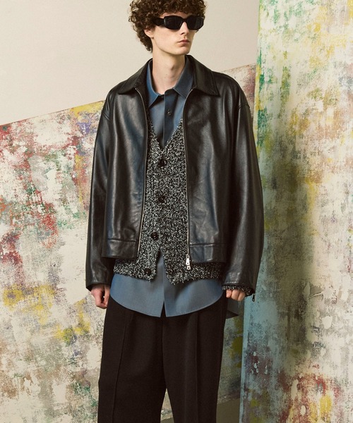 【美品】MORGAN HOMME ウールジップリブスタジャン　ゴートレザー 美品】MORGAN HOMME ウールジップリブスタジャン ゴートレザー