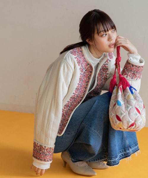☆US古着☆vintage【民族 総柄 刺繍 ノーカラージャケット】レディースL AMERICAN RAG CIE（アメリカンラグシー） ジャケット ノーカラー