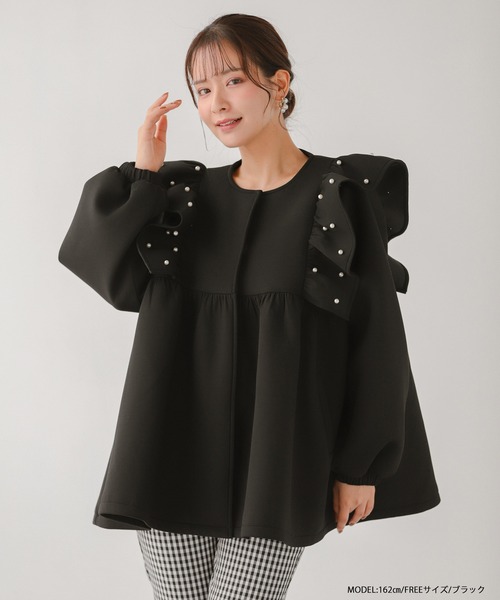 Fit more アウター ショルダーフリルパールペプラムコート レディース 