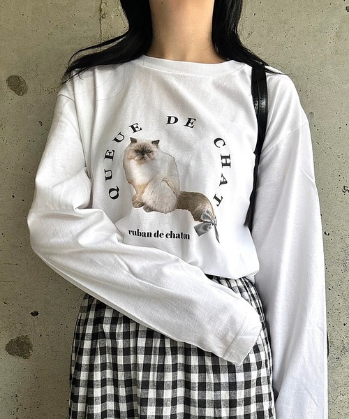 tシャツ 「低身長用サイズあり」猫リボンプリントTシャツ