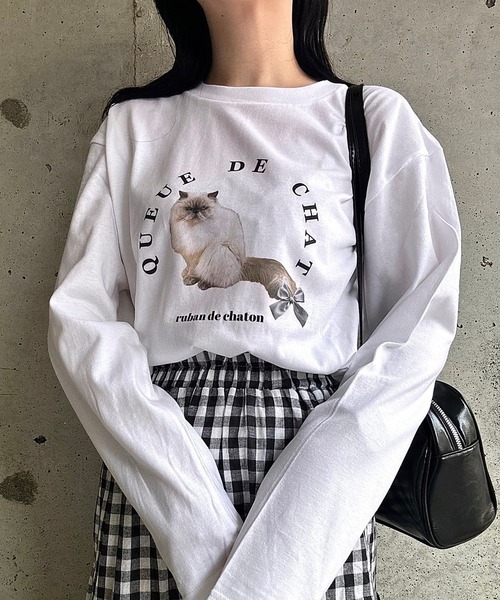 リボンネコチャンTシャツ tシャツ 「低身長用サイズあり」猫リボンプリントTシャツ