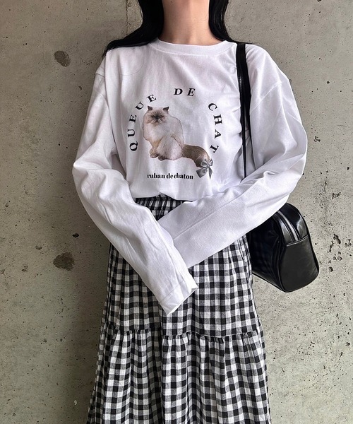 日本未入荷 KUOSE★お花とリボンの猫プリントTシャツ セール】MEOWねこプリントTシャツ（Tシャツ/カットソー