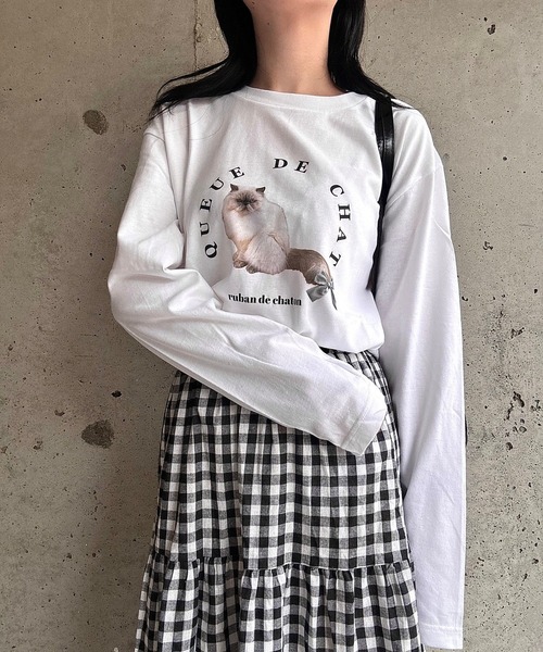 日本未入荷 KUOSE★お花とリボンの猫プリントTシャツ tシャツ 「低身長用サイズあり」猫リボンプリントTシャツ