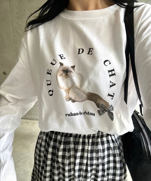 tシャツ ノットリボンTシャツ レディース tシャツ 「低身長用サイズあり」猫リボンプリントTシャツ