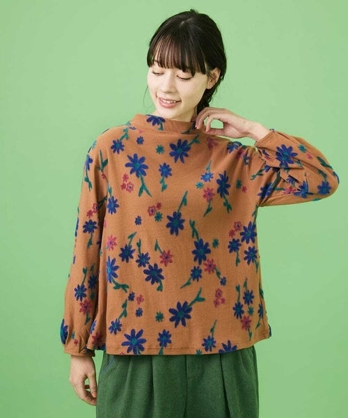 tシャツ Flor フラワージャカード ボトルネックカットソー レディース