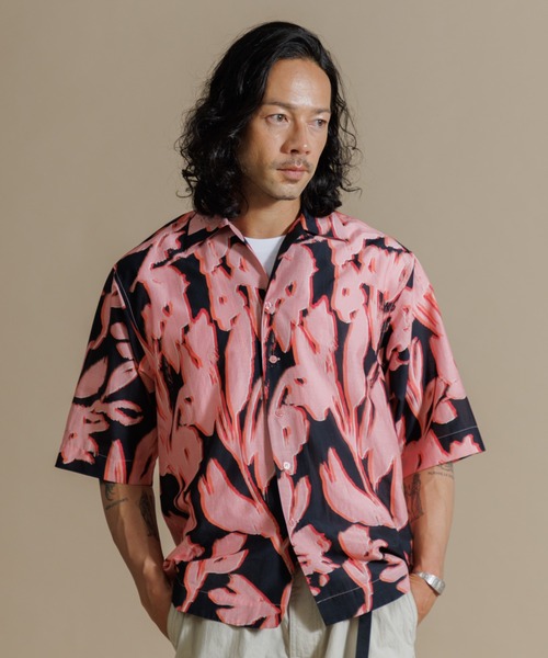 ブラウス シャツ 「MEN ， WOMEN」LEIN コットンシルクリーフプリントシャツ レディース メンズ