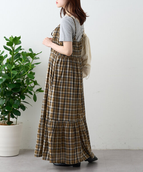 w closet ワンピース シアーチェックティアードキャミワンピース