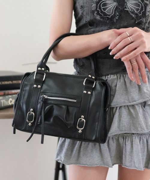 【DIESEL】2WAY レザー ボストンバッグ ショルダー付き ブラック florist ボストンバッグ 2WAY レザータッチスタッズデコ