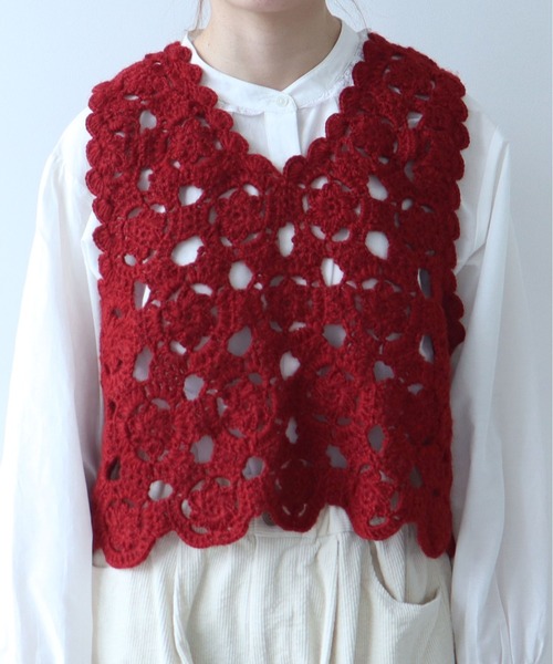 24SS bulle de savon ネパールハンドニット クロシェ ベスト bulle de savon ベスト ジレ ○ネパールハンドニット 花束刺繍