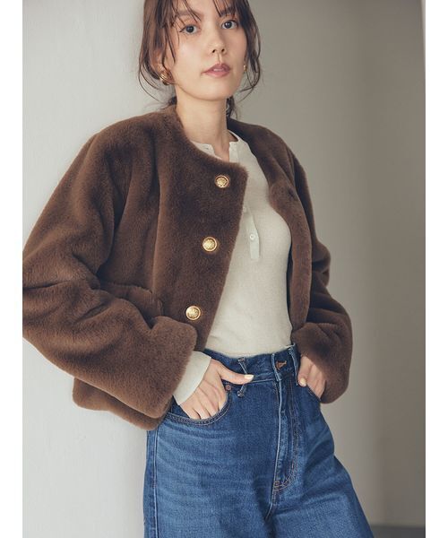 MillaOwen 金釦クロップドファージャケット ブラウン　サイズ1 Mila Owen（ミラオーウェン） ジャケット ノーカラージャケット 金釦