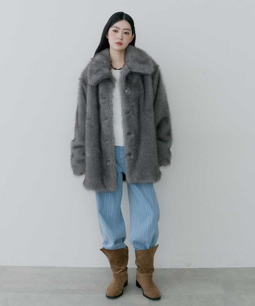 thinkto コート アウター 「thinkto」ビッグカラーファーミドルコート